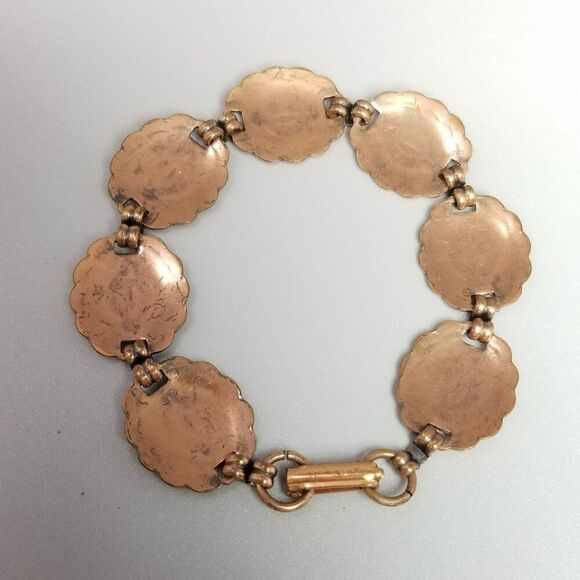 Vintage Copper Medallion Link Panel Bracelet, Hammered Stamp Design, 7 Inches - Picture 4 of 8